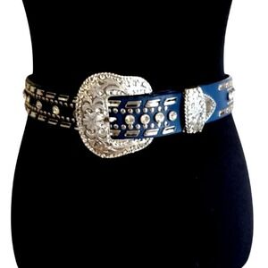 Nocona Blue Leather Belt 26 Crystal Studded Western Silver Floral Buckle Cowgirl